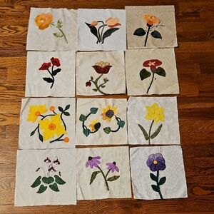 Handmade Floral Appliqué Quilt Blocks - Yellow, Purple, Orange, Red